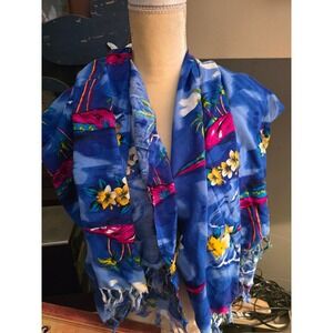 Koko Knot Blue Tropical Palm Tree Hibiscus Sarong Wrap Beach Cover Scarf Fringed